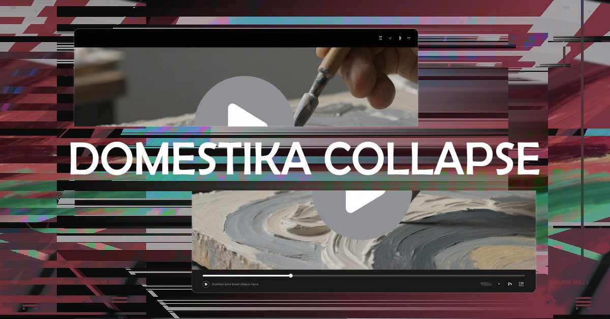 The image features a glitched, distorted background with horizontal lines and color artifacts, suggesting a digital malfunction or intentional design. Overlaid in the center is the bold, white, all-caps text “DOMESTIKA COLLAPSE.” Behind the text are two large, partially transparent video play buttons superimposed on blurred video stills. One still shows a close-up of a hand using a sculpting tool, and the other shows a swirl of mixed clay or paint on a surface. The overall visual suggests a theme of digital or creative disruption.
