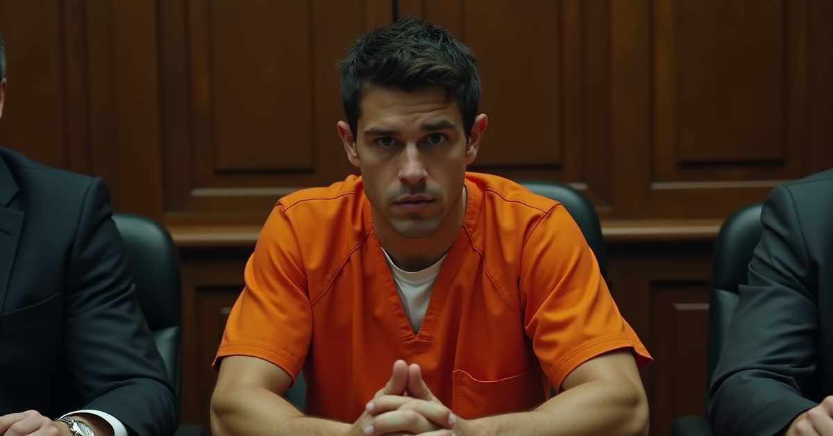 A man in an orange prison jumpsuit sits at a courtroom table with his hands clasped, flanked by two men in suits. He looks directly ahead with a serious expression. The setting includes dark wooden panels in the background, indicating a formal courtroom.